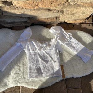 REFORMATION Haven Smocked Linen White Top